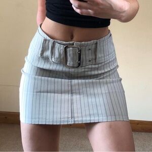 XS S pinstripes Striped Tan Mini Skirt tight buckle belt y2k neutral straight